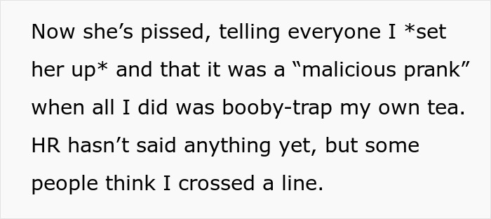 Alt text: Office worker reacting angrily after a coworker tea thief prank involving a booby-trapped cup. Alt text: Office worker reacting angrily after a coworker tea thief prank involving a booby-trapped cup.