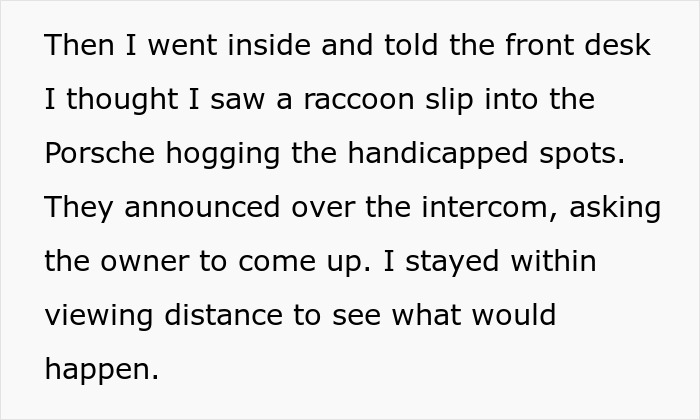 Text about a netizen reporting a Porsche parked across three handicap spots, mentioning a raccoon. Text about a netizen reporting a Porsche parked across three handicap spots, mentioning a raccoon.