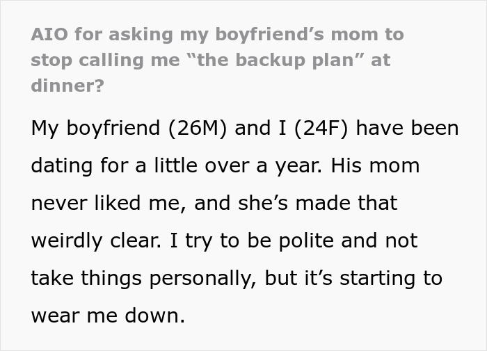 Text excerpt from a woman shocked after being called a downgrade by her boyfriend’s mom and compared to his classy ex.