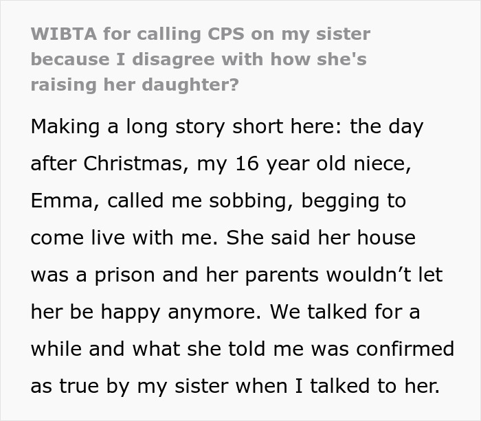 Woman debates calling CPS after learning about niece’s troubled home life and struggles with her parents. Woman debates calling CPS after learning about niece’s troubled home life and struggles with her parents.
