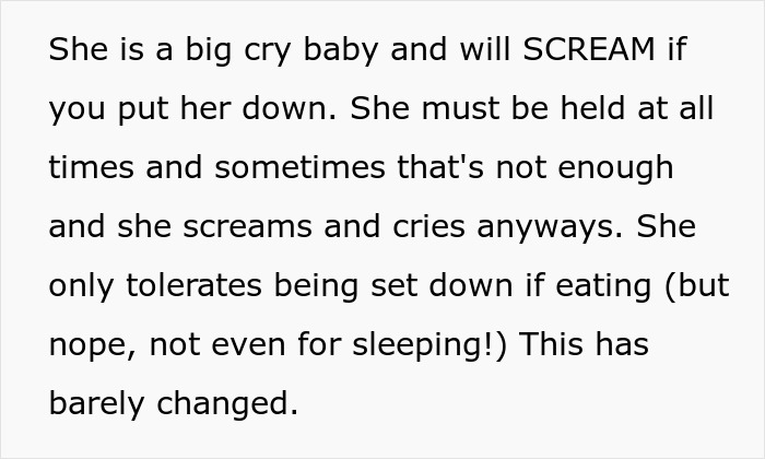 Text excerpt about a baby who screams if put down, emphasizing challenges in babysitting and child-free lady’s warning. Text excerpt about a baby who screams if put down, emphasizing challenges in babysitting and child-free lady’s warning.
