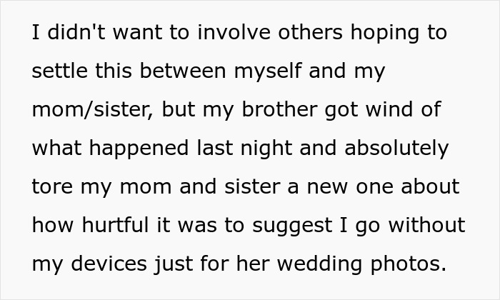 Text excerpt showing a woman refusing to risk her health for sister’s wedding photo aesthetic, upsetting her family. Text excerpt showing a woman refusing to risk her health for sister’s wedding photo aesthetic, upsetting her family.