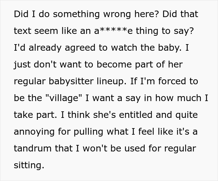 Text message from a child-free lady explaining her limits on babysitting to her sister, concerned about overcommitment. Text message from a child-free lady explaining her limits on babysitting to her sister, concerned about overcommitment.