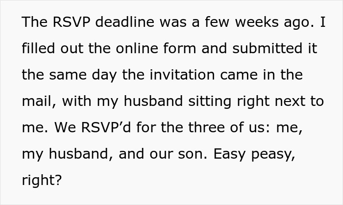 Text about RSVP deadline and a mother of ring bearer shocked to learn she was left off the guest list despite RSVP and help. Text about RSVP deadline and a mother of ring bearer shocked to learn she was left off the guest list despite RSVP and help.