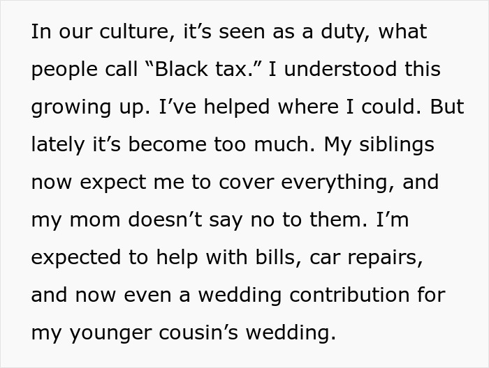 Text about cultural expectations of Black tax, financial strain on family, and paying bills, related to teacher's experience. Text about cultural expectations of Black tax, financial strain on family, and paying bills, related to teacher's experience.