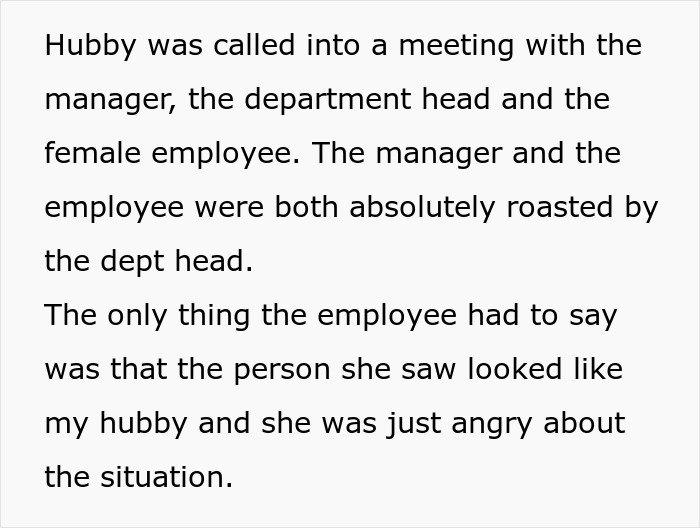 Text excerpt from a story about a woman stalking a colleague to confirm he’s sick and regretting turning him in. Text excerpt from a story about a woman stalking a colleague to confirm he’s sick and regretting turning him in.
