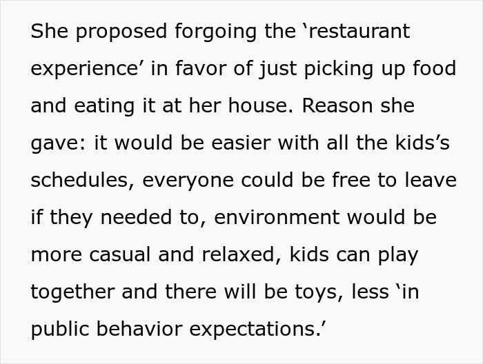 Sister suggesting a casual birthday dinner at home instead of a restaurant for a relaxed, kid-friendly environment. Sister suggesting a casual birthday dinner at home instead of a restaurant for a relaxed, kid-friendly environment.