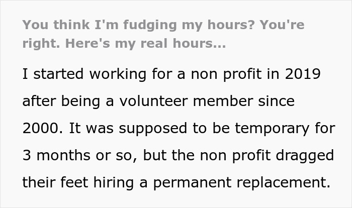 Text on a screen showing an employee explaining their real work hours at a non-profit after accusations of fudging hours. Text on a screen showing an employee explaining their real work hours at a non-profit after accusations of fudging hours.