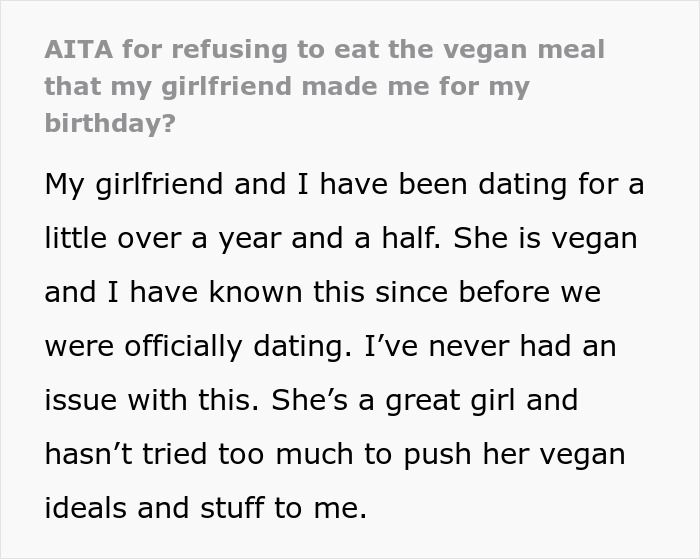 Text excerpt about refusing to eat a vegan meal prepared by a girlfriend for a birthday, discussing relationship and vegan ideals. Text excerpt about refusing to eat a vegan meal prepared by a girlfriend for a birthday, discussing relationship and vegan ideals.