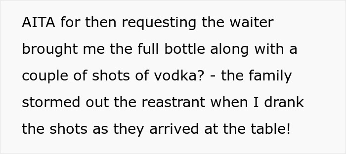 Screenshot of text about a solo traveler drinking vodka while an entitled lady expects no alcohol around her kids. Screenshot of text about a solo traveler drinking vodka while an entitled lady expects no alcohol around her kids.