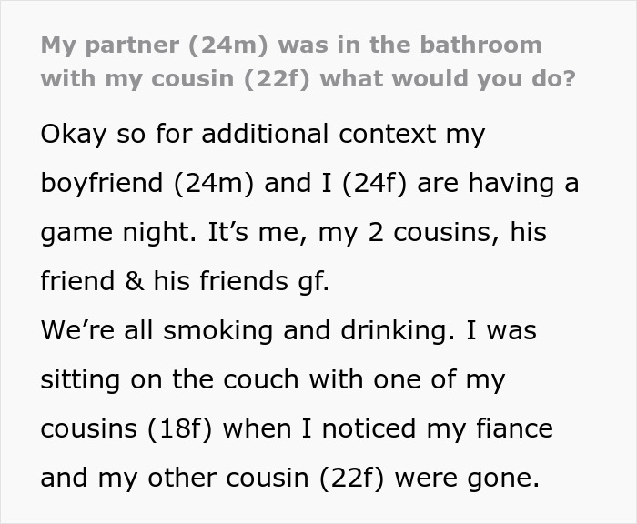 Text message describing a woman questioning her fiancé and cousin after noticing them missing during a party. Text message describing a woman questioning her fiancé and cousin after noticing them missing during a party.