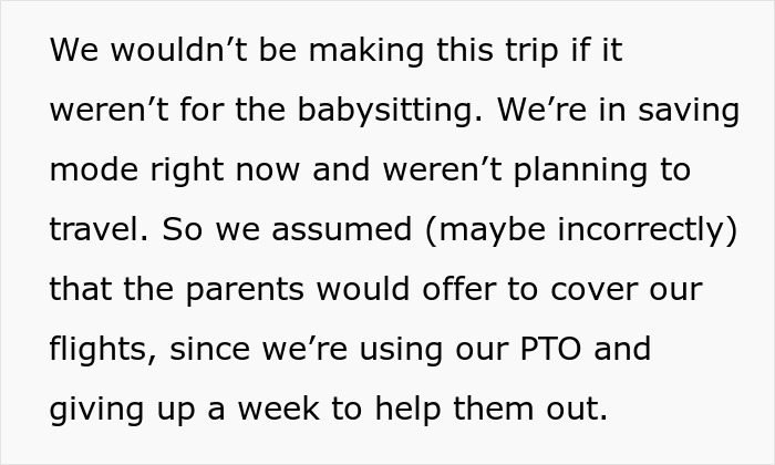 Couple flying to babysit nephew for a week, sister refuses to pay for flights citing financial issues and being broke. Couple flying to babysit nephew for a week, sister refuses to pay for flights citing financial issues and being broke.