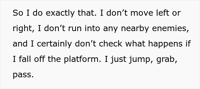 Text excerpt from a developer describing strict gameplay actions highlighting issues in exploratory testing for a game.