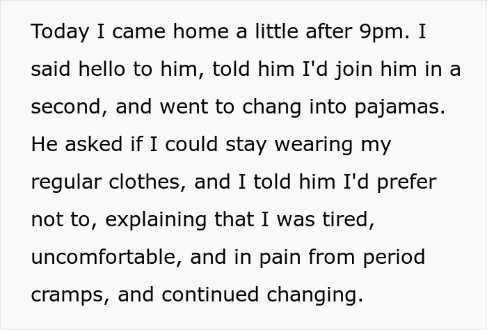 Text excerpt showing a woman explaining why she prefers not to wear sexy clothes, mentioning discomfort and pain from period cramps. Text excerpt showing a woman explaining why she prefers not to wear sexy clothes, mentioning discomfort and pain from period cramps.