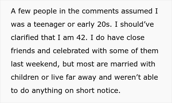 Text excerpt about clarifying age and celebrating with friends, related to birthday dinner sabotage by sister. Text excerpt about clarifying age and celebrating with friends, related to birthday dinner sabotage by sister.