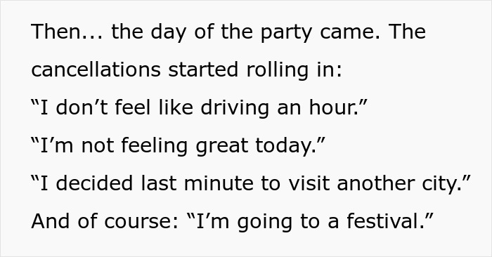 Text describing cancellations from longtime friends for a ghost friend birthday party, showing excuses for not attending.