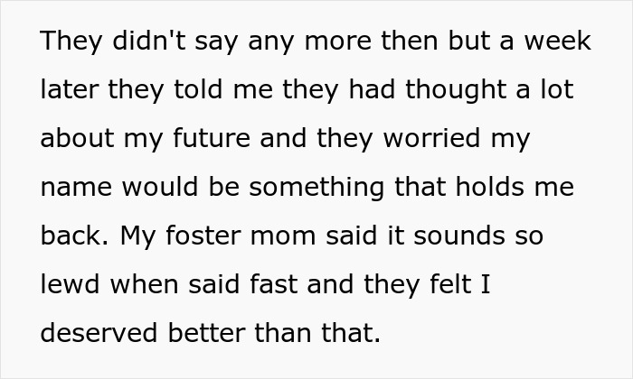 Text excerpt discussing foster name change parents worrying about the impact of a name on a child's future. Text excerpt discussing foster name change parents worrying about the impact of a name on a child's future.