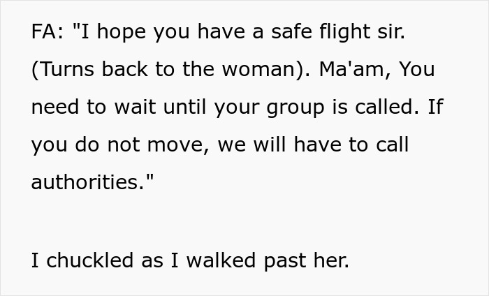 Flight attendant firmly addresses entitled plane passenger who cuts cue, ensuring she waits behind everyone else in line. Flight attendant firmly addresses entitled plane passenger who cuts cue, ensuring she waits behind everyone else in line.