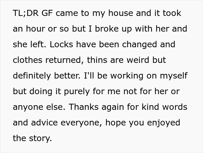 Text describing a breakup showing girlfriend behaviour change in relationship with reflection on personal growth.