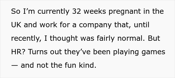 Text excerpt from a pregnant woman exposing her company’s false claim about maternity leave eligibility in the UK. Text excerpt from a pregnant woman exposing her company’s false claim about maternity leave eligibility in the UK.