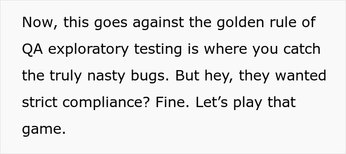 Text about QA exploratory testing emphasizing bugs found despite strict compliance restricting it.