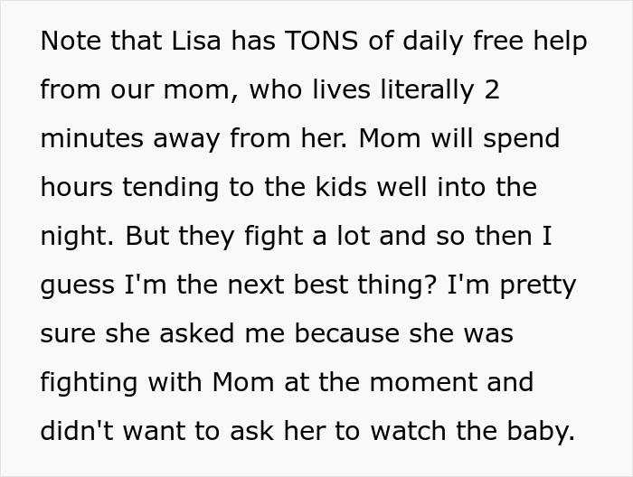 Text excerpt about a child-free lady explaining her sister’s frequent babysitting and family dynamics involving their mom. Text excerpt about a child-free lady explaining her sister’s frequent babysitting and family dynamics involving their mom.