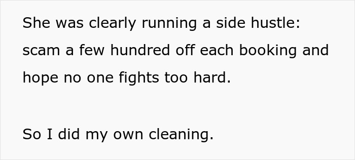 Text excerpt from a guest explaining how she did her own cleaning after a venue host sent a $1200 cleaning bill. Text excerpt from a guest explaining how she did her own cleaning after a venue host sent a $1200 cleaning bill.