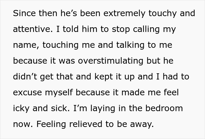 Text excerpt describing a woman feeling upset and relieved after being touched and overstimulated by fiancé during party. Text excerpt describing a woman feeling upset and relieved after being touched and overstimulated by fiancé during party.