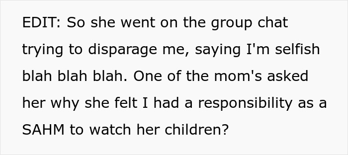 Text message about a mom assuming neighbor will babysit because she’s a SAHM and conflict arising from refusal. Text message about a mom assuming neighbor will babysit because she’s a SAHM and conflict arising from refusal.