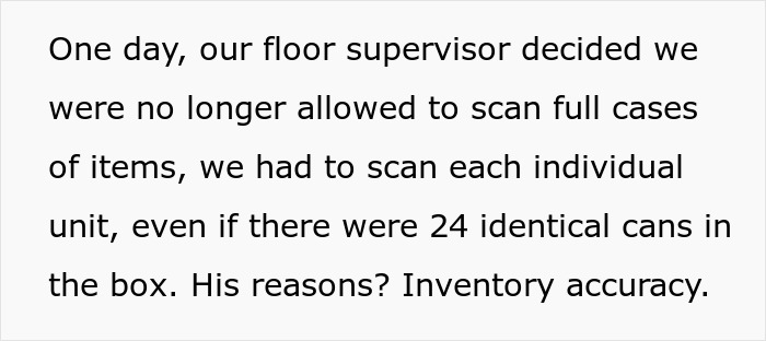 Floor supervisor enforces new scanning rule causing inventory issues and backroom disaster by lunch in the store. Floor supervisor enforces new scanning rule causing inventory issues and backroom disaster by lunch in the store.