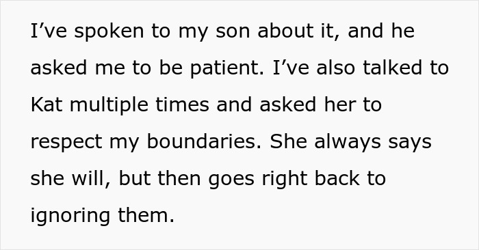 Text discussing a daughter-in-law seeking relationship with mother-in-law but being told to respect boundaries and get lost. Text discussing a daughter-in-law seeking relationship with mother-in-law but being told to respect boundaries and get lost.