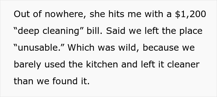 Text image showing a $1200 cleaning bill dispute between a venue host and a guest over a sparkling clean place condition. Text image showing a $1200 cleaning bill dispute between a venue host and a guest over a sparkling clean place condition.