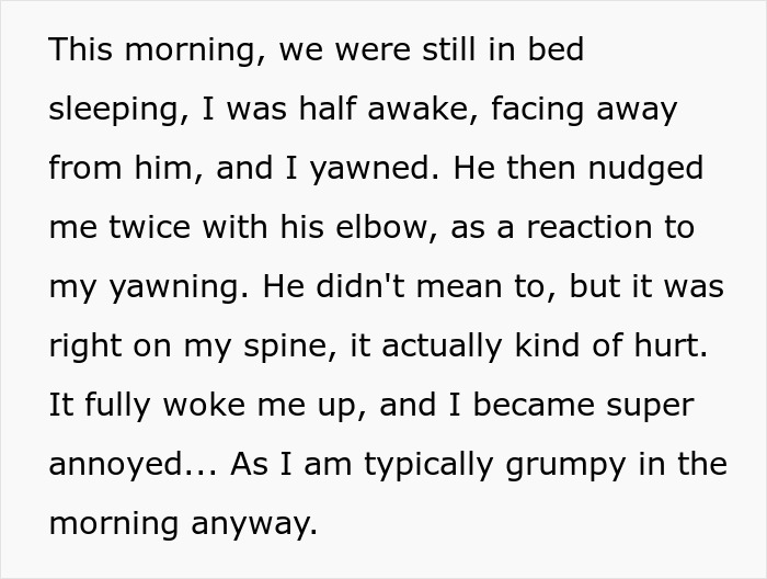 Woman annoyed in bed after man elbows sleeping fiancée for yawning, causing her to snap and leave the bedroom. Woman annoyed in bed after man elbows sleeping fiancée for yawning, causing her to snap and leave the bedroom.