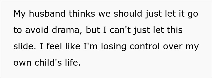 Text expressing concern about losing control over child's life, reflecting a mil-daughter surprise vacation family conflict.