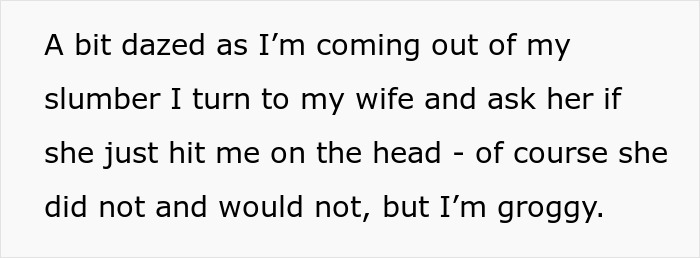 Text excerpt showing someone dazed from being hit on the head while napping, feeling groggy and confused.