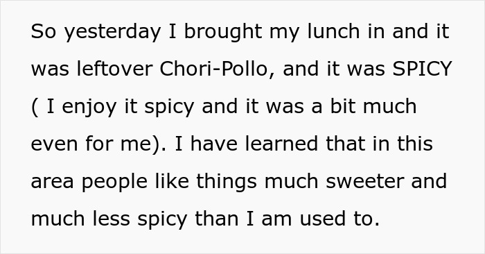 Woman's coworker steals spicy lunch and accuses her of poisoning him over spicy food preference conflict. Woman's coworker steals spicy lunch and accuses her of poisoning him over spicy food preference conflict.