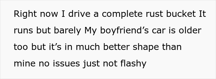 Text post discussing driving a rusted car and comparing it to boyfriend’s older but better-conditioned vehicle. Text post discussing driving a rusted car and comparing it to boyfriend’s older but better-conditioned vehicle.