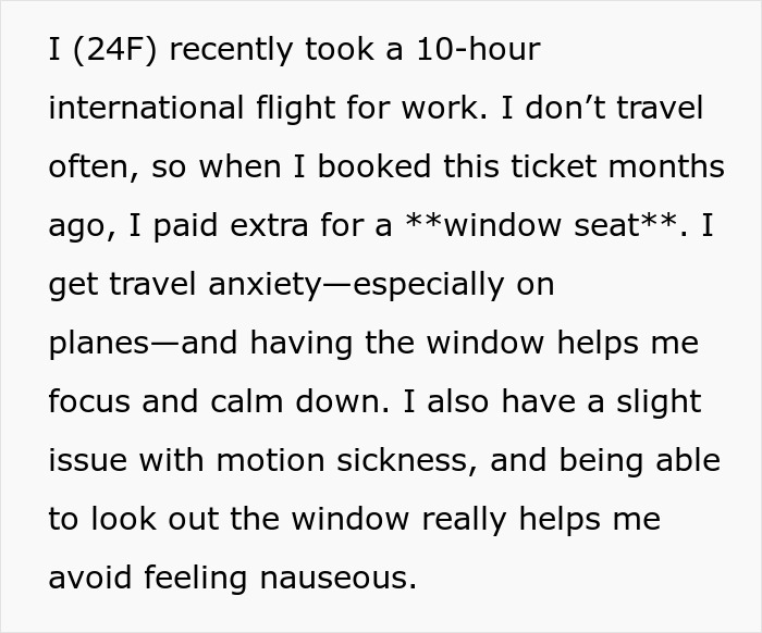 Text excerpt about a woman’s experience with travel anxiety on a 10-hour flight and her preference for a window seat.
