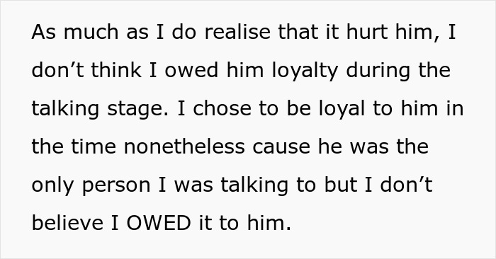 Text excerpt discussing loyalty and micro-cheating during the talking stage in a romantic relationship. Text excerpt discussing loyalty and micro-cheating during the talking stage in a romantic relationship.