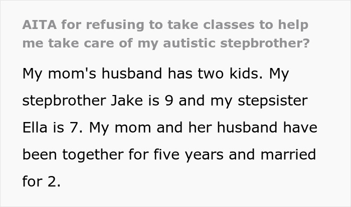 Text excerpt about a 17-year-old refusing classes to care for autistic stepbrother, fearing a family setup.