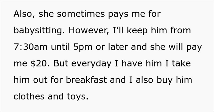 Text about babysitting schedule, payment, and expenses related to vacation without kids babysitting arrangements.