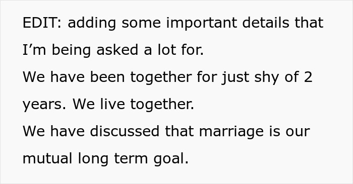 Text on screen showing details about a boyfriend bouquet wedding bride and plans for marriage after two years together. Text on screen showing details about a boyfriend bouquet wedding bride and plans for marriage after two years together.