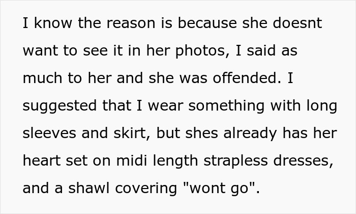 Text excerpt discussing a maid of honor refusing to hide psoriasis at a wedding despite the bride’s objections. Text excerpt discussing a maid of honor refusing to hide psoriasis at a wedding despite the bride’s objections.