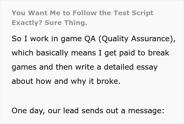 Text excerpt discussing lead restricting exploratory testing and a developer reporting bugs in a game during QA process.