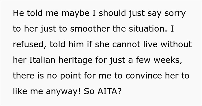Text excerpt discussing cultural differences during person hosting hubby’s Italian friend, referencing Italian heritage and spices. Text excerpt discussing cultural differences during person hosting hubby’s Italian friend, referencing Italian heritage and spices.