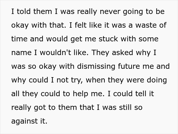 Text excerpt about a foster child expressing concerns and resistance to foster name change from parents.