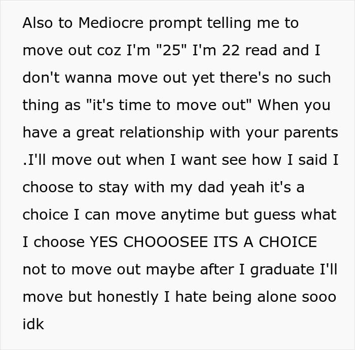 Alt text: Text message about a 22-year-old choosing to stay with dad discussing moving out and relationship boundaries. Alt text: Text message about a 22-year-old choosing to stay with dad discussing moving out and relationship boundaries.