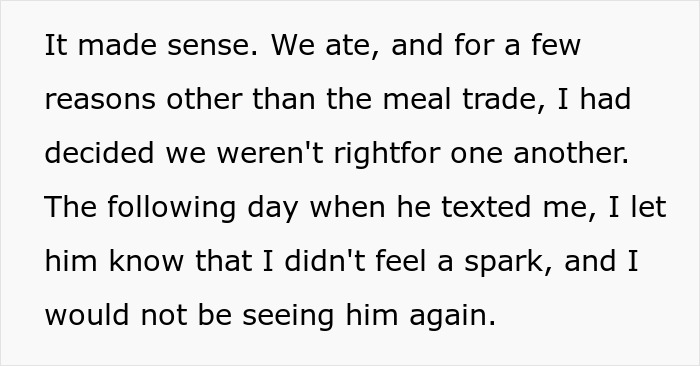 Text excerpt about woman telling guy there's no spark after first date and meal trade decision.