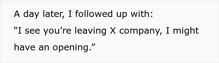 Text excerpt showing a follow-up message about a job opening after a worker ignores career advice request.
