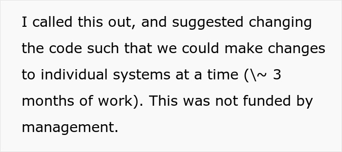 Text excerpt on a white background about changes to systems and lack of funding related to employee deployment policy. Text excerpt on a white background about changes to systems and lack of funding related to employee deployment policy.
